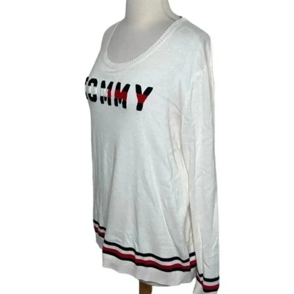 Retro Tommy Hilfiger Women White Long Sleeve Crew Neck Sweater Size‎ Medium Y2K
